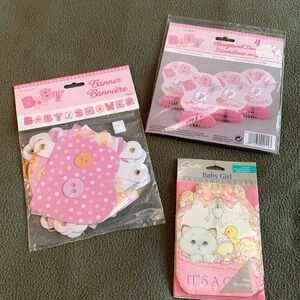 NIP Baby girl shower lot. Banner, table decor and 8 baby announcements.
